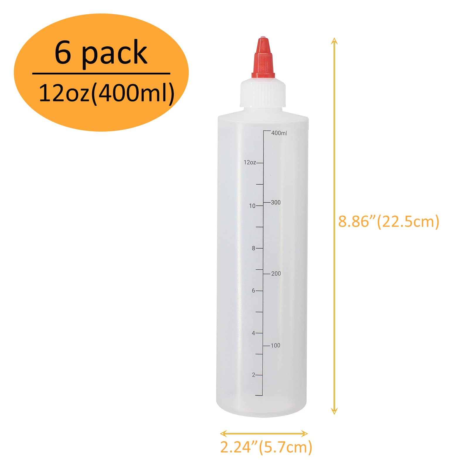 Belinlen 6 Pack 12 Oz Graduated Plastic Squeeze Squirt Condiment Bottles With Red Twist On Cap Lids - For Condiments, Oil, Icing